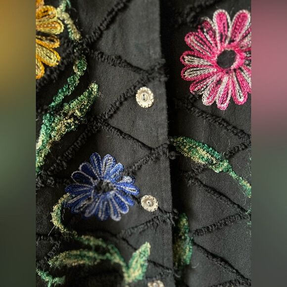 Vintage 90s Roaman’s 100% Cotton Black Floral Embroidered Button Front Jacket - Picture 5 of 12